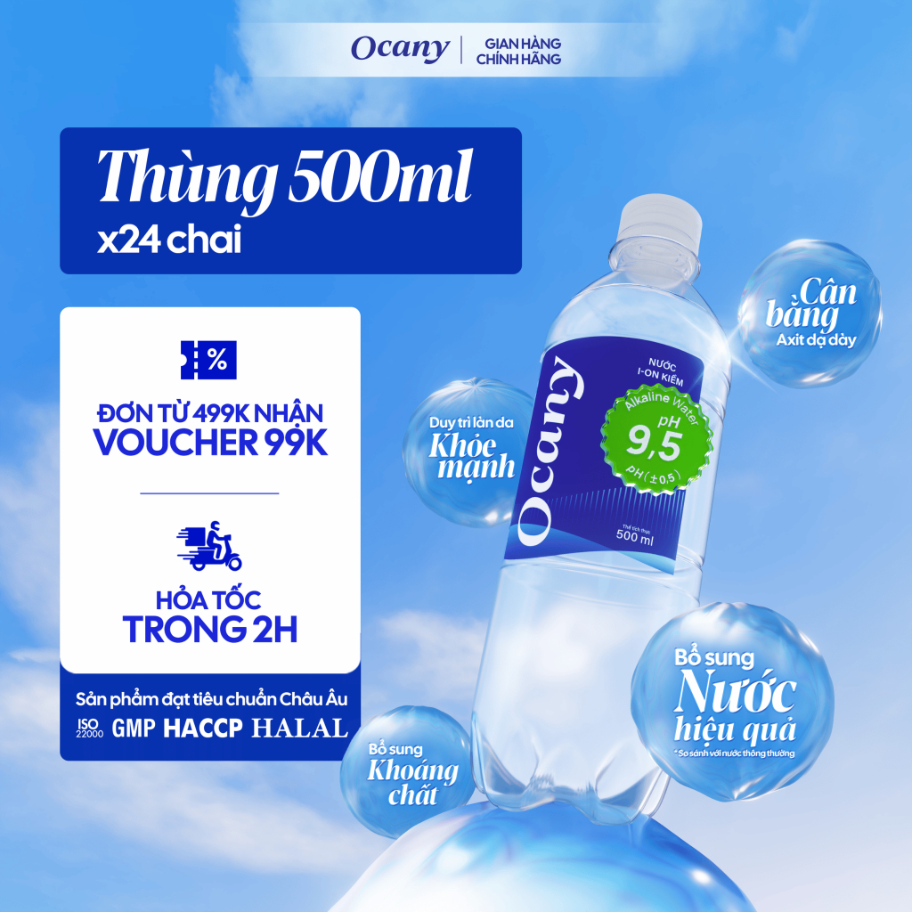Nước uống Ion Kiềm Ocany cao cấp pH 9.5 500ml thùng 24 chai giúp trung hòa axit dạ dày, hỗ trợ sức khỏe
