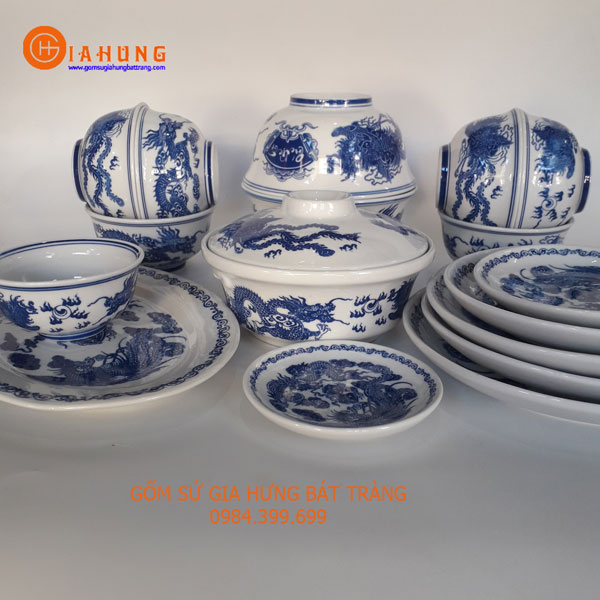Bộ bát đĩa thờ đầy đủ men lam rồng phượng