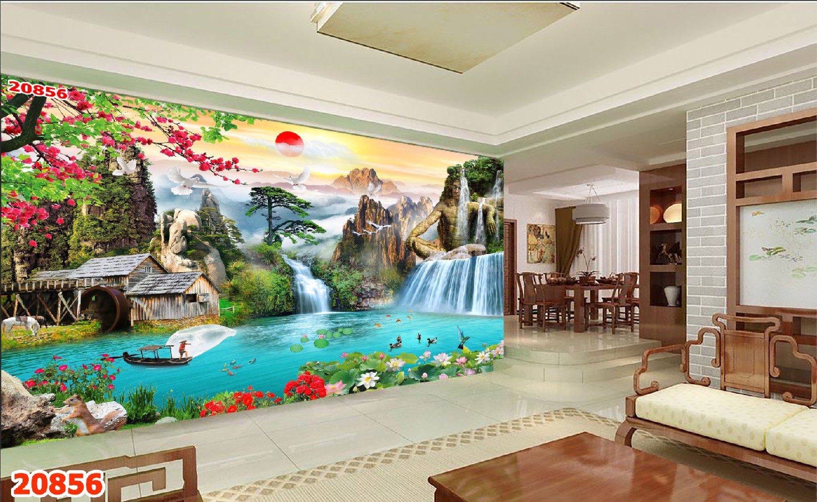 Decal dán tường phong cảnh sơn thủy trang trí nhà cửa phòng khách phòng ngủ và quán cafe trà sữa trà tranh giá rẻ đẹp