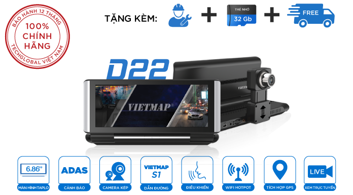 Camera hành trình Giải trí + dẫn đường + xem online vietmap D22 v2022 đặt taplo - Hàng chính hãng