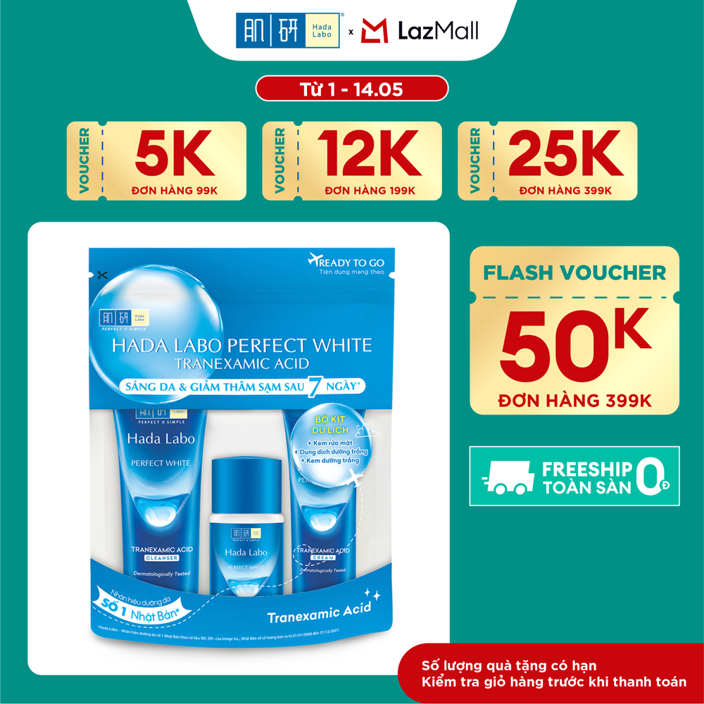Bộ travel size dưỡng trắng Hada Labo Perfect White Tranexamic Acid Travel Set (Kem rửa mặt 15g+Dung dịch dưỡng 20ml+Kem dưỡng 12g)