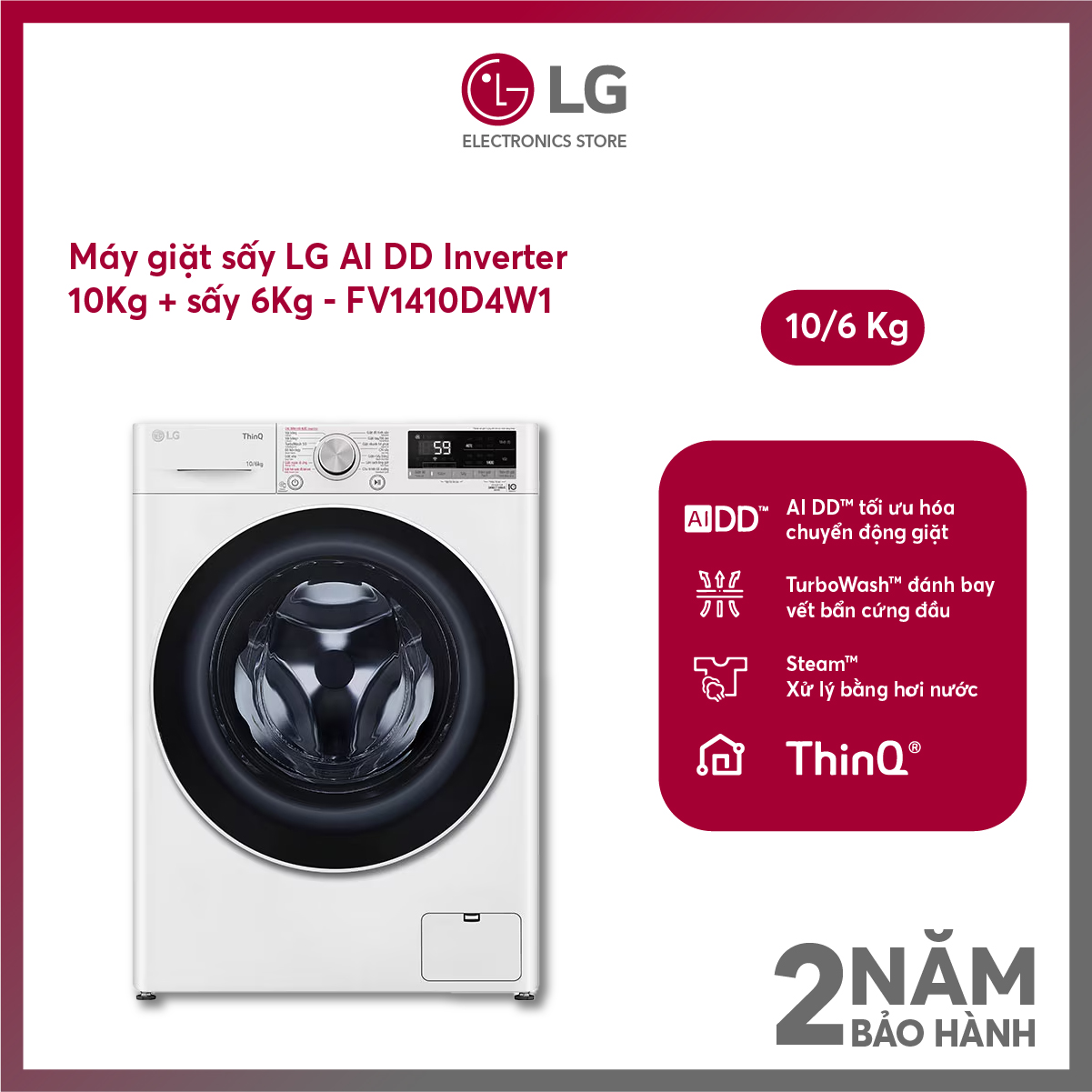 COD Lắp Hà Nội Máy giặt lồng ngang LG AI DD Inverter 10Kg sấy 6Kg FV1410D4W1