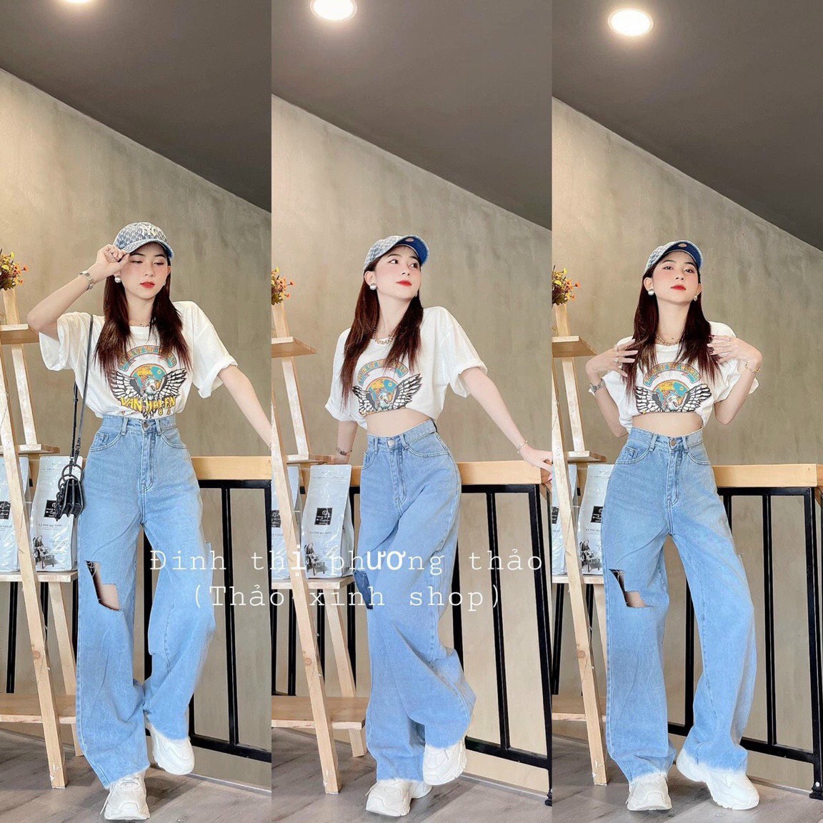 Quần jean ống xuông đứng ống , quần bò xanh phối rách gối lưng cao -JT