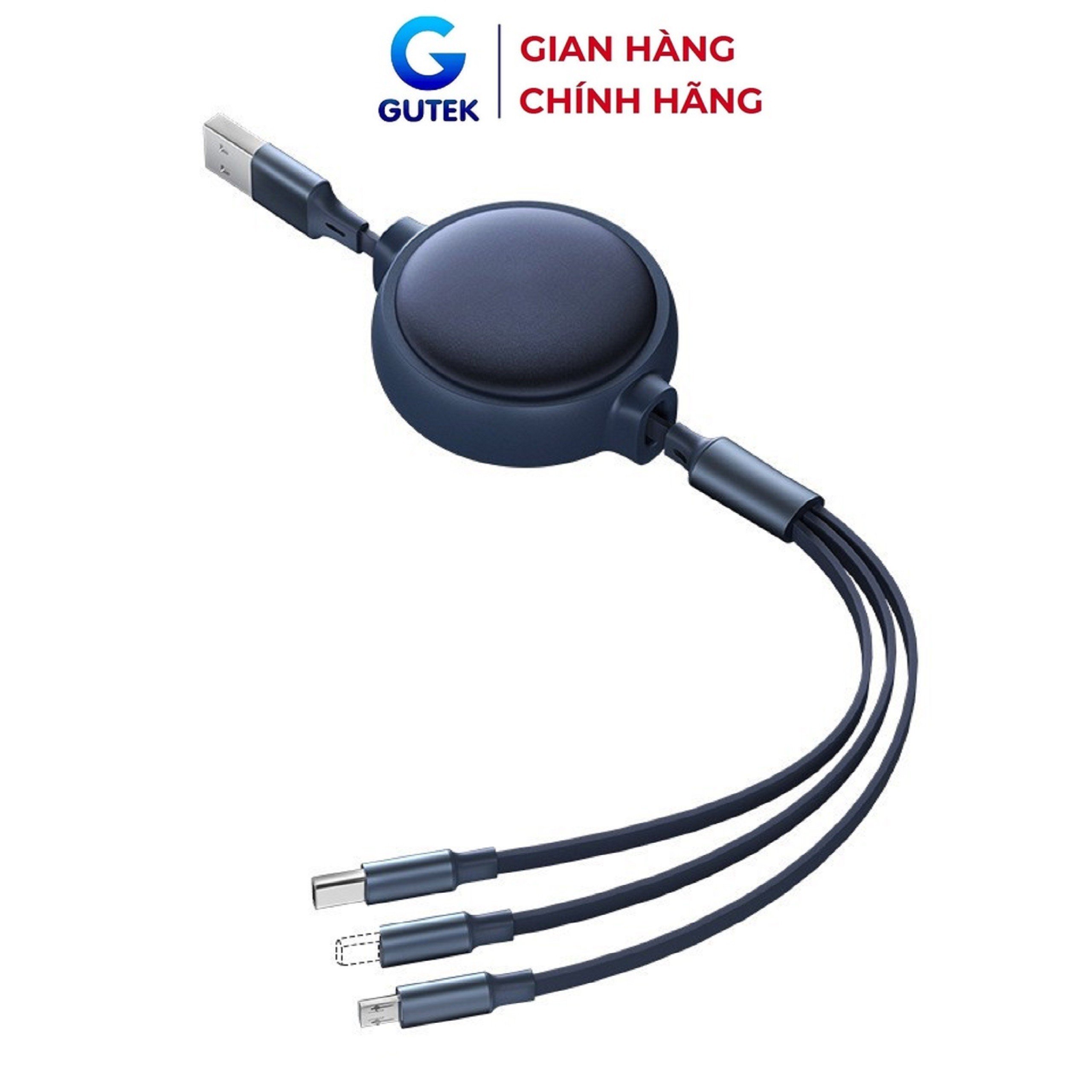 Dây sạc 3 đầu Gutek GTS8 sạc nhanh 100W cho các dòng điện thoại cổng Type-C Androi iP Light dây rút gọn gàng