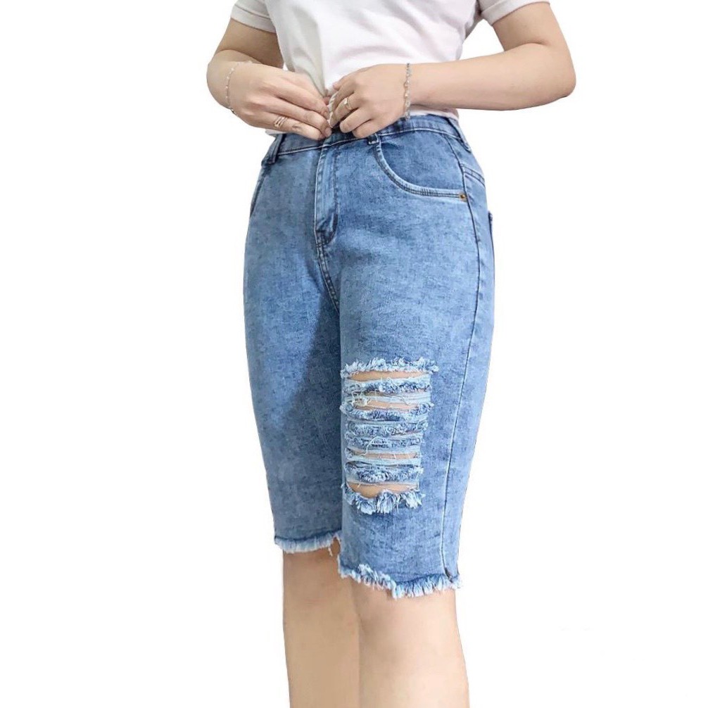 [60kg~90kg] Quần jean ngố / lửng BIG SIZE lưng cao, co dãn mạnh, rách kiểu loang màu bụi đẹp 3311 Molijean