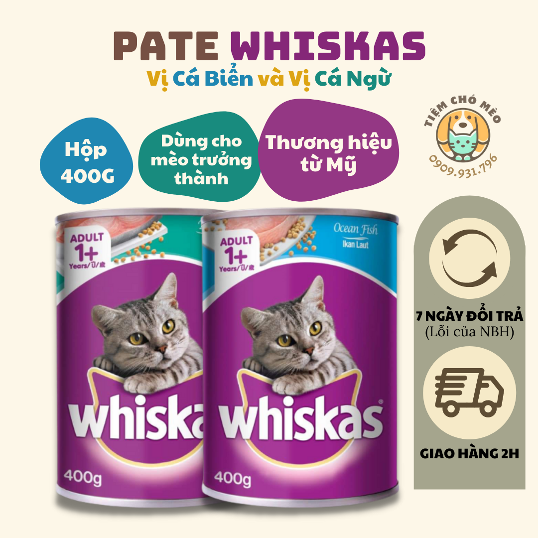 Pate cho mèo whiskas lon 400g vị cá biển và vị cá ngừ