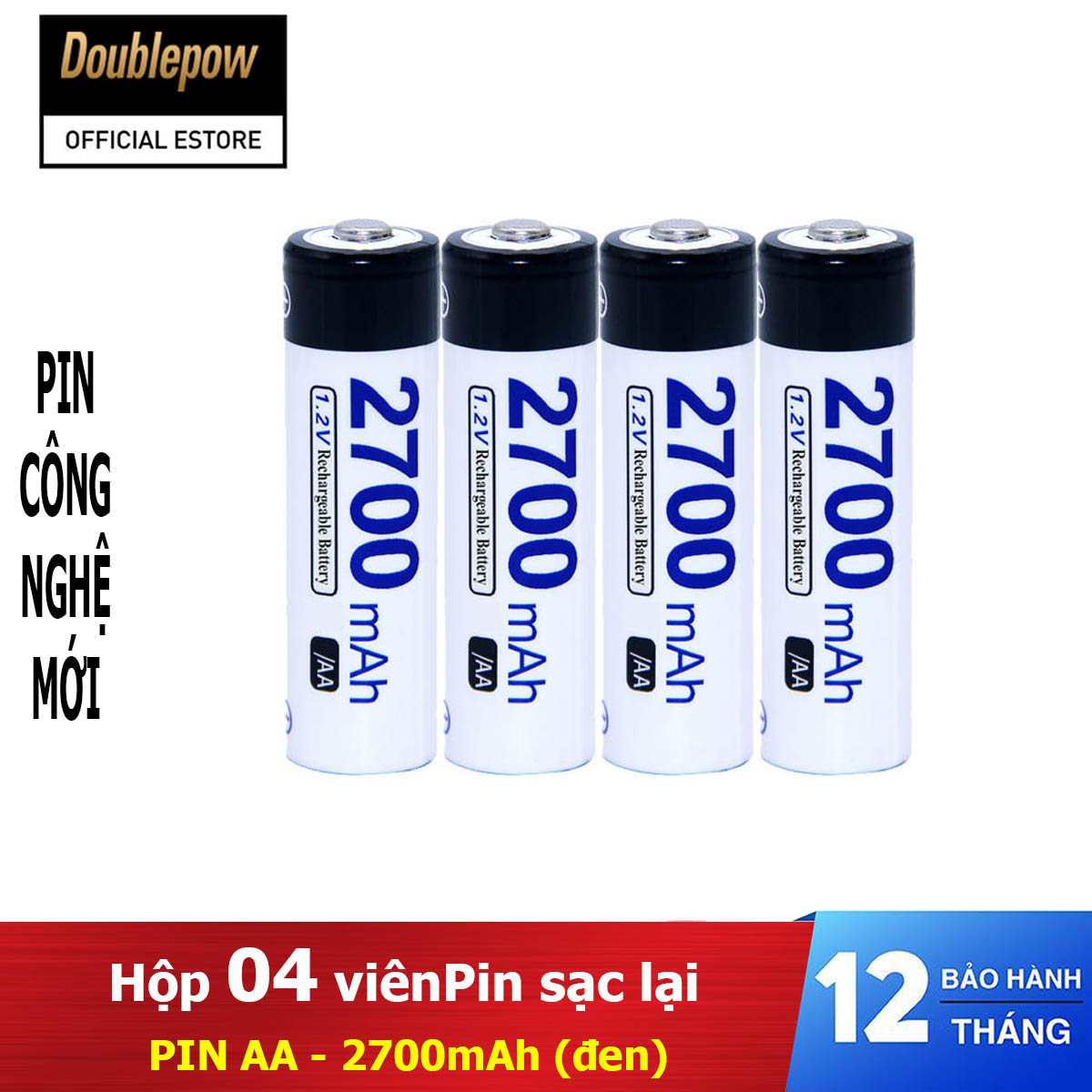 Hộp 4 viên Pin sạc lại Doublepow NiMh pin AA - 2700mAh, pin dung lượng thực (màu đen trắng)