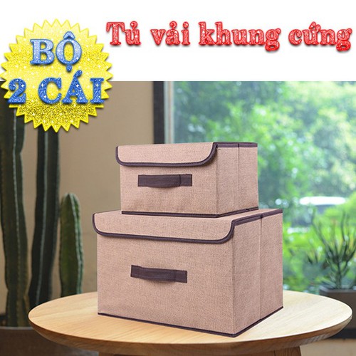 Bộ 2 hộp vải đựng đồ lưu trữ bằng vải khung cứng thùng đựng quần áo đồ chơi đa năng có nắp đậy