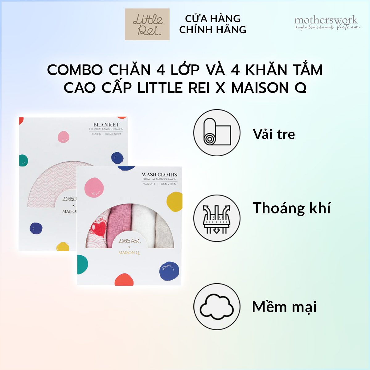 Combo chăn 4 lớp và hộp 4 khăn tắm vải sợi tre cao cấp cho bé, chất liệu thoáng khí, mềm mại và an toàn cho bé LITTLE REI X MAISON Q - By motherswork