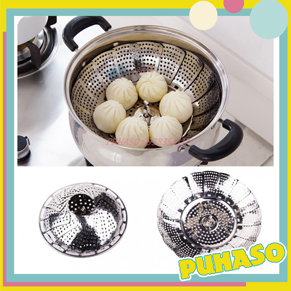 Vỉ inox đồ xôi, rau củ, hấp cá, tôm, bánh cách thuỷ gập gọn - PUHASO