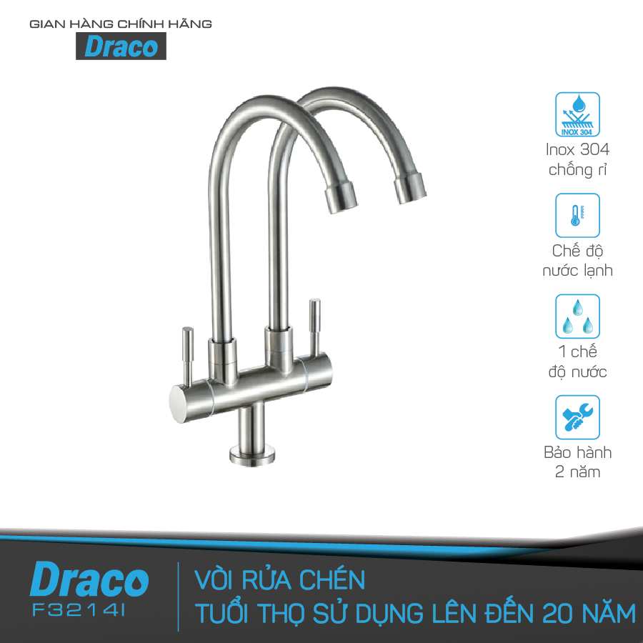 Vòi rửa chén lạnh draco f3214i 1 chế độ nước 2 vòi nước inox 304 chống gỉ chống ăn mòn - hàng chính hãng