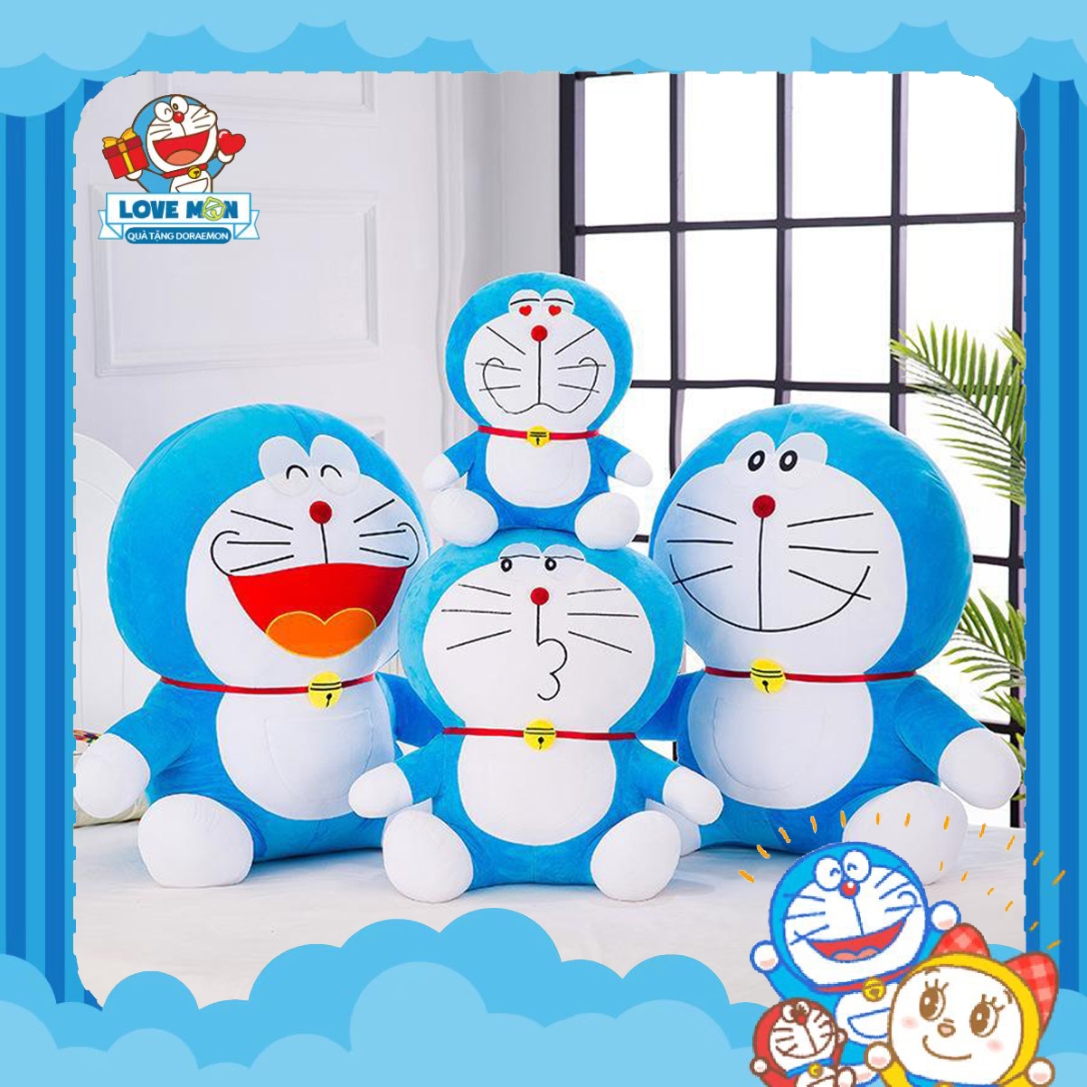 Love mon - gấu bông mon doraemon xanh đậm cười lớn, chất liệu lông nhung mềm mịn, quà tặng handmade - lưu niệm