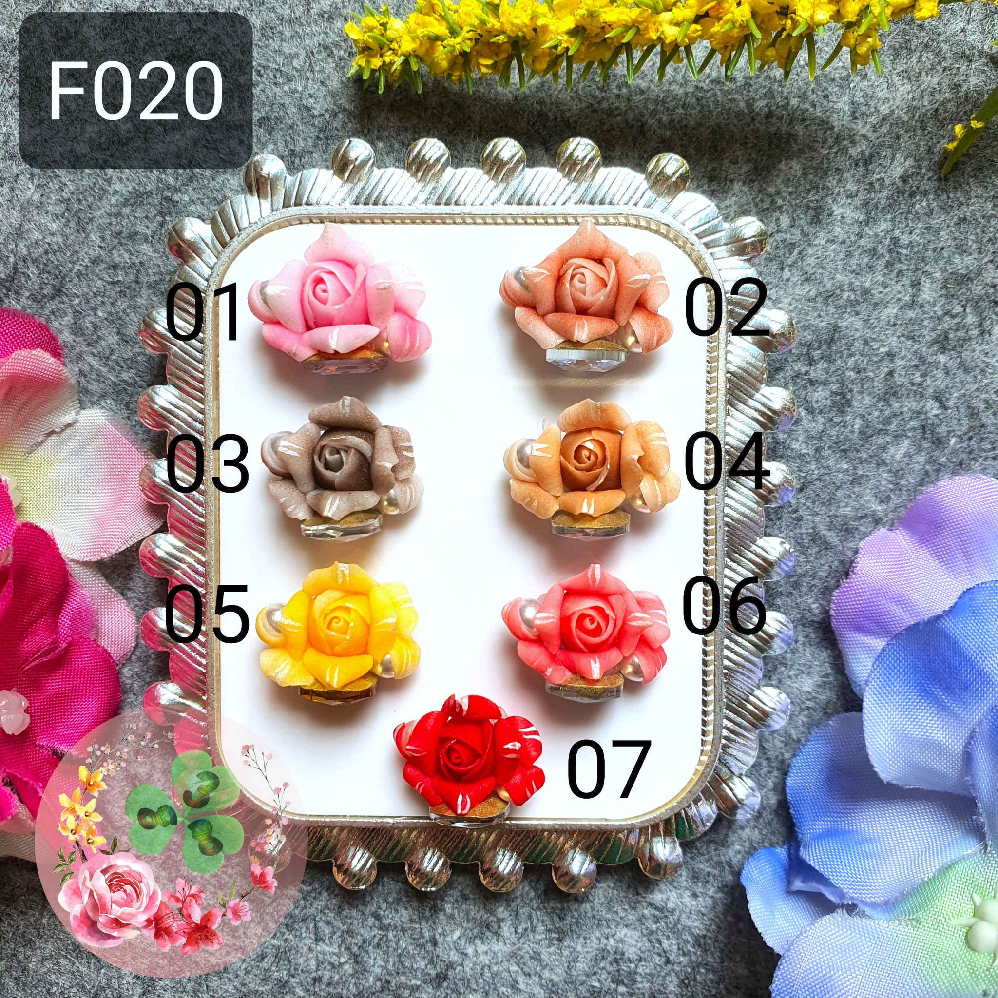 Mẫu: f020 . hoa bột "hoa hồng uốn" đính móng siêu xinh.
