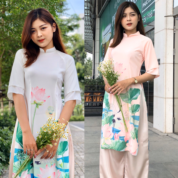 Set áo dài cách tân in hoa sen tay lỡ xếp tầng