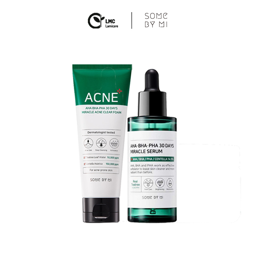 Bộ 2 sản phẩm dành cho da mụn Some By Mi AHA-BHA-PHA 30 days miracle acne Clear foam and serum full size