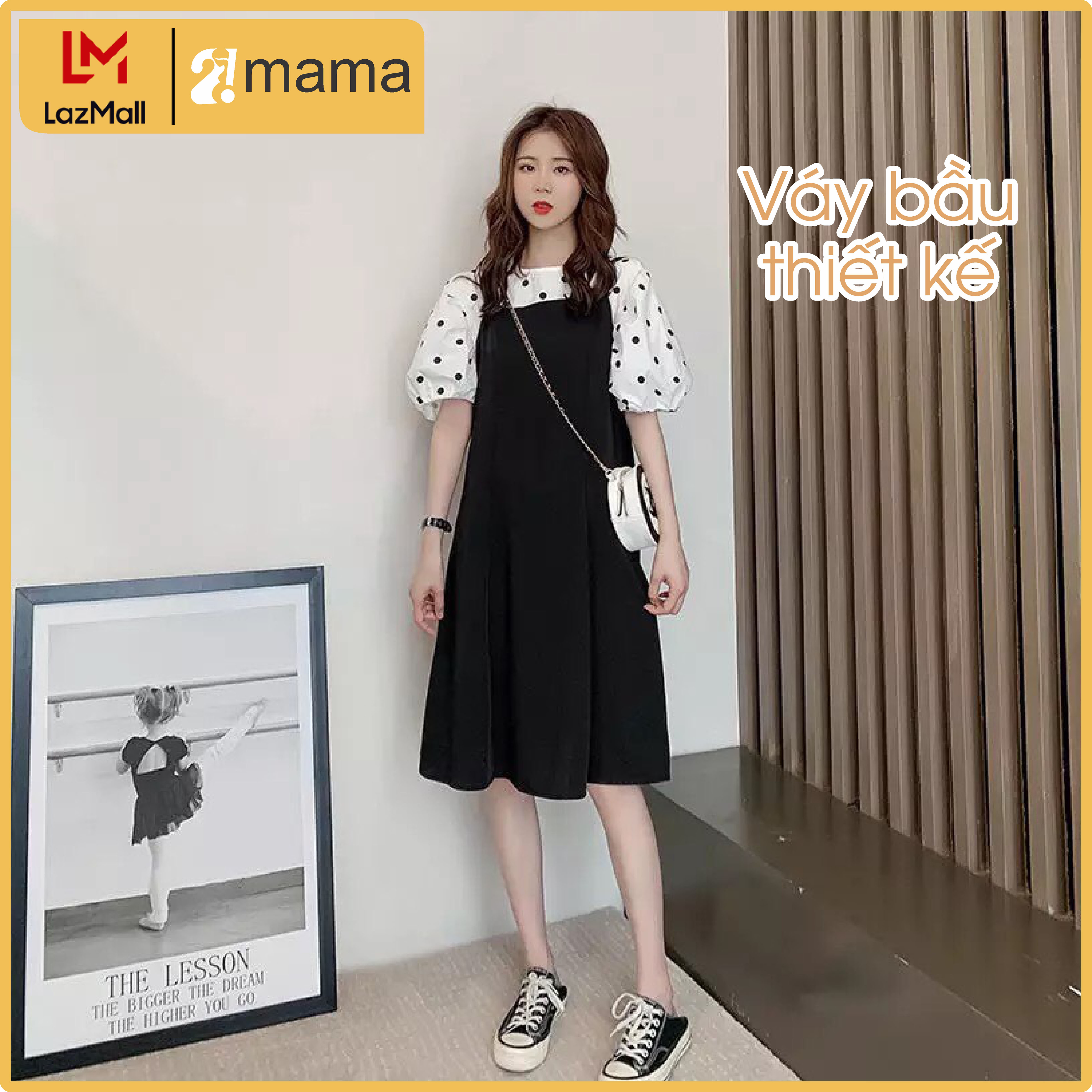 Đầm bầu thiết kế 2MAMA dáng suông chữ A họa tiết chấm bi V59