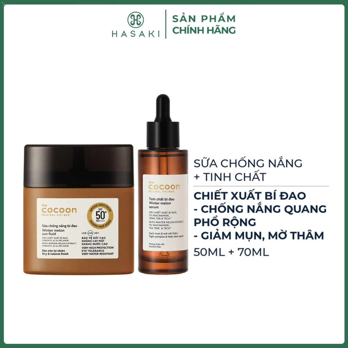 Combo Cocoon Sữa Chống Nắng Bí Đao Quang Phổ Rộng 50ml + Tinh Chất Bí Đao Giảm Mụn, Mờ Thâm 70ml Hasaki Sản Phẩm Chính Hãng