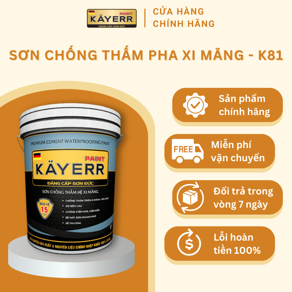 Sơn chống thấm pha xi măng KAYERR K81 chống thấm cho tường đứng che phủ vết nứt độ bám dính cao 5 lít/ 18 lít