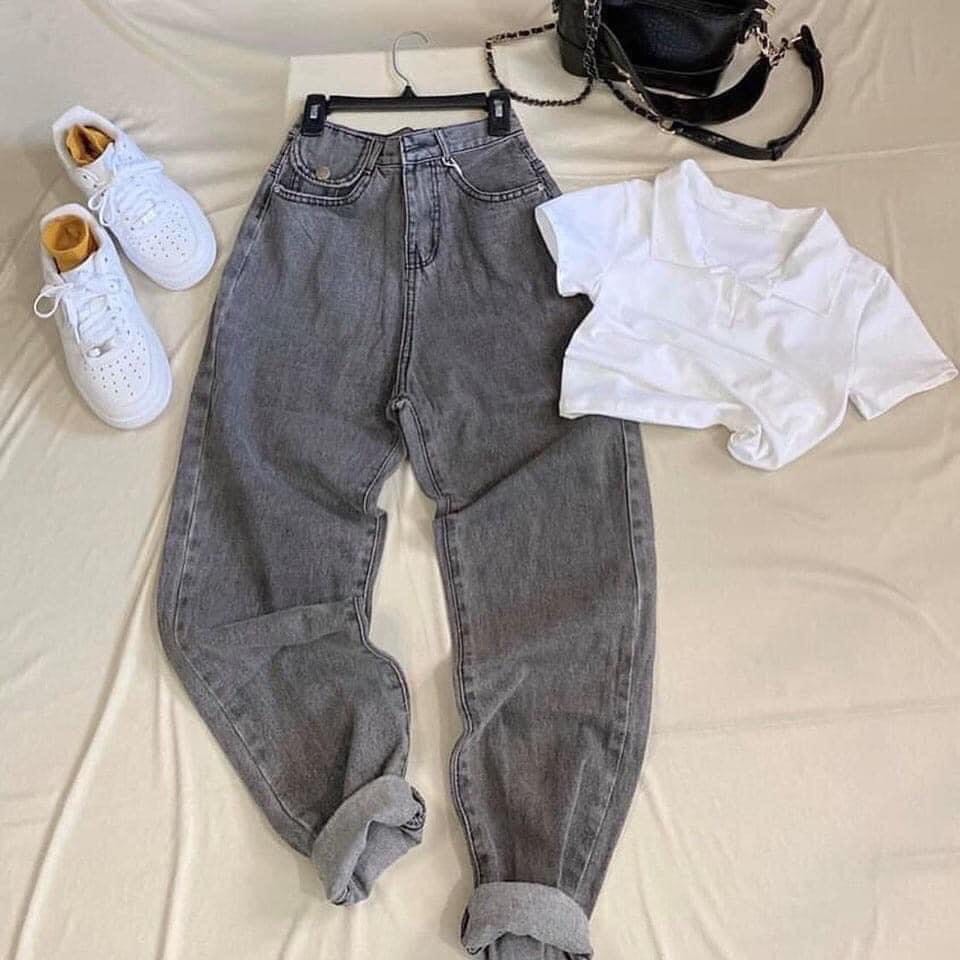 ☀️baggy túi nắp xám + croptop petter trơn