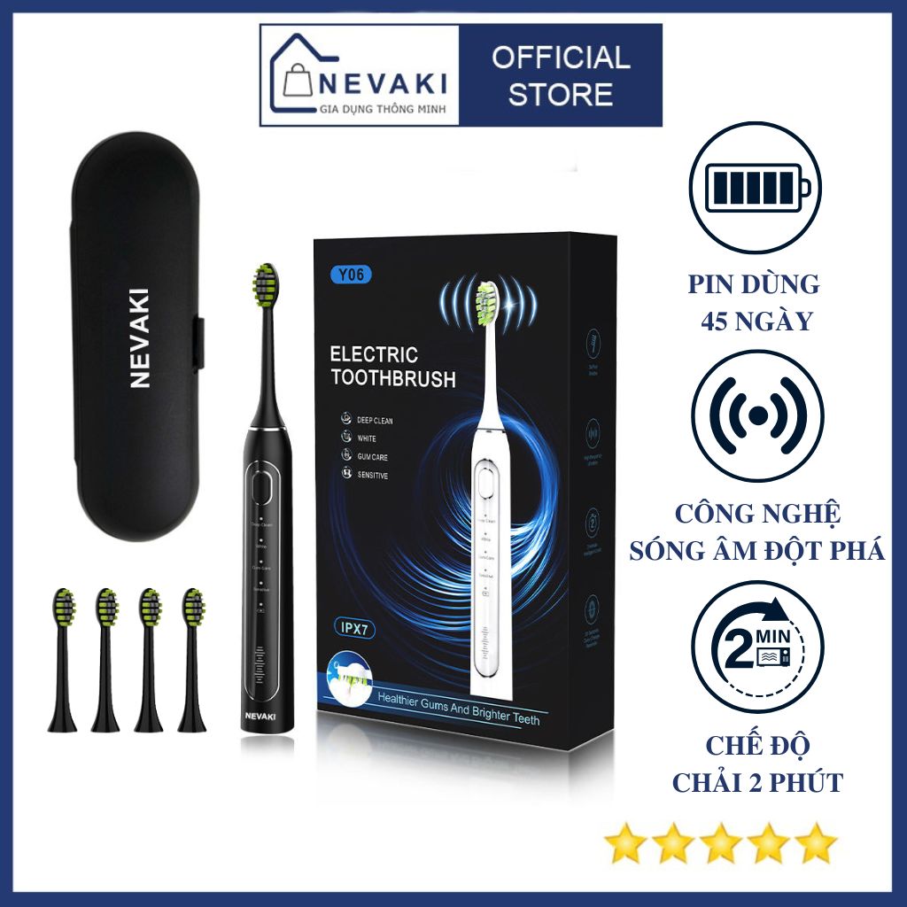Bàn chải đánh răng điện NEVAKI Y06 với 4 đầu bàn chải thay thế+Hộp du lịch+Công nghệ làm sạch bằng sóng siêu âm NK21