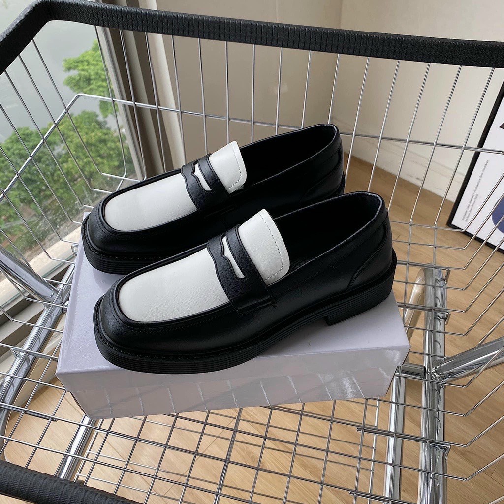 Giày penny loafer black white, giày sơn tùng đế đốc cao cấp