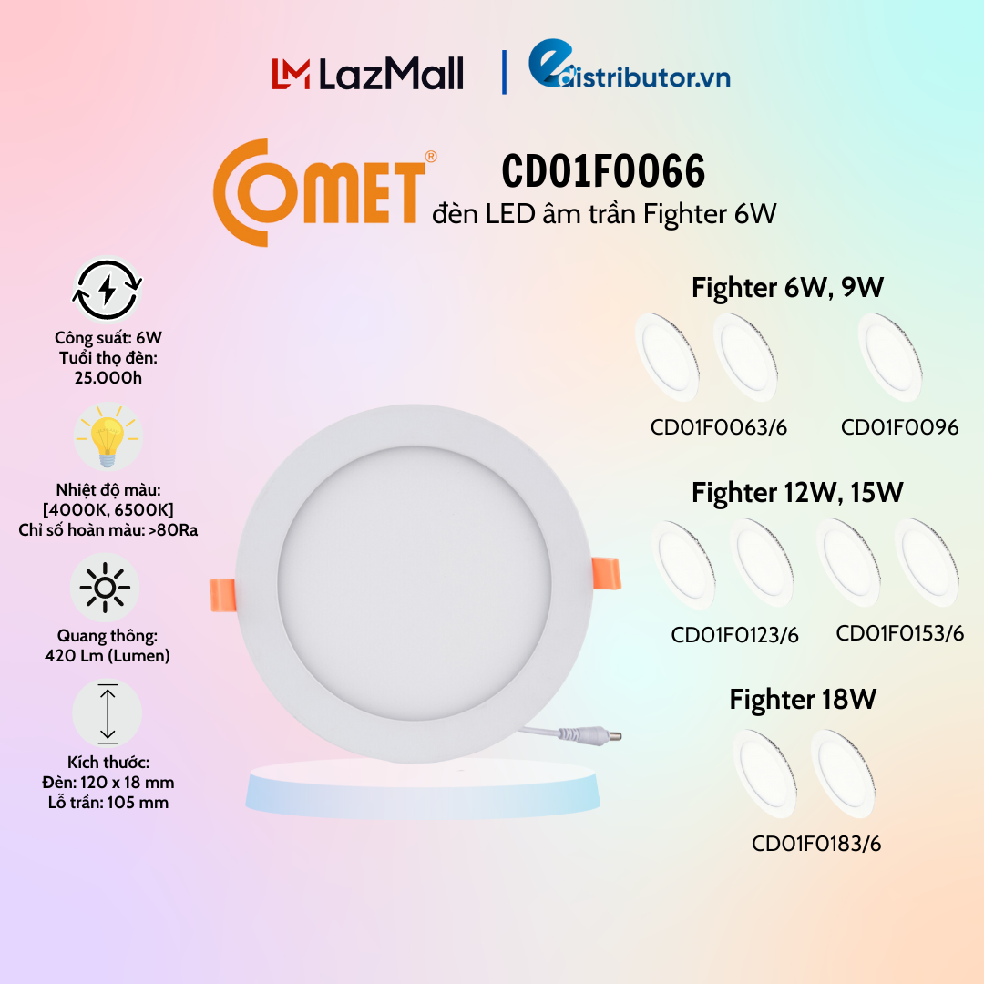 Đèn led downlight tròn âm trần dòng fighter 6w,9w,12w,15w,18w comet - hàng chính hãng - tiện lợi
