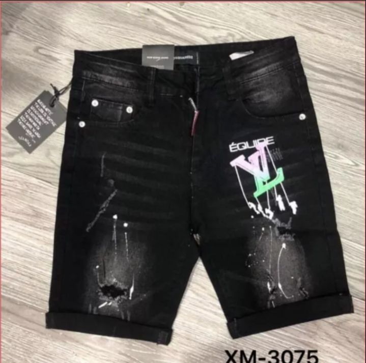 Quần short lửng jean nam chất bò kiểu khóa lệch đen vải dày dặn thuê L.V hót trend mới vải dày dặn