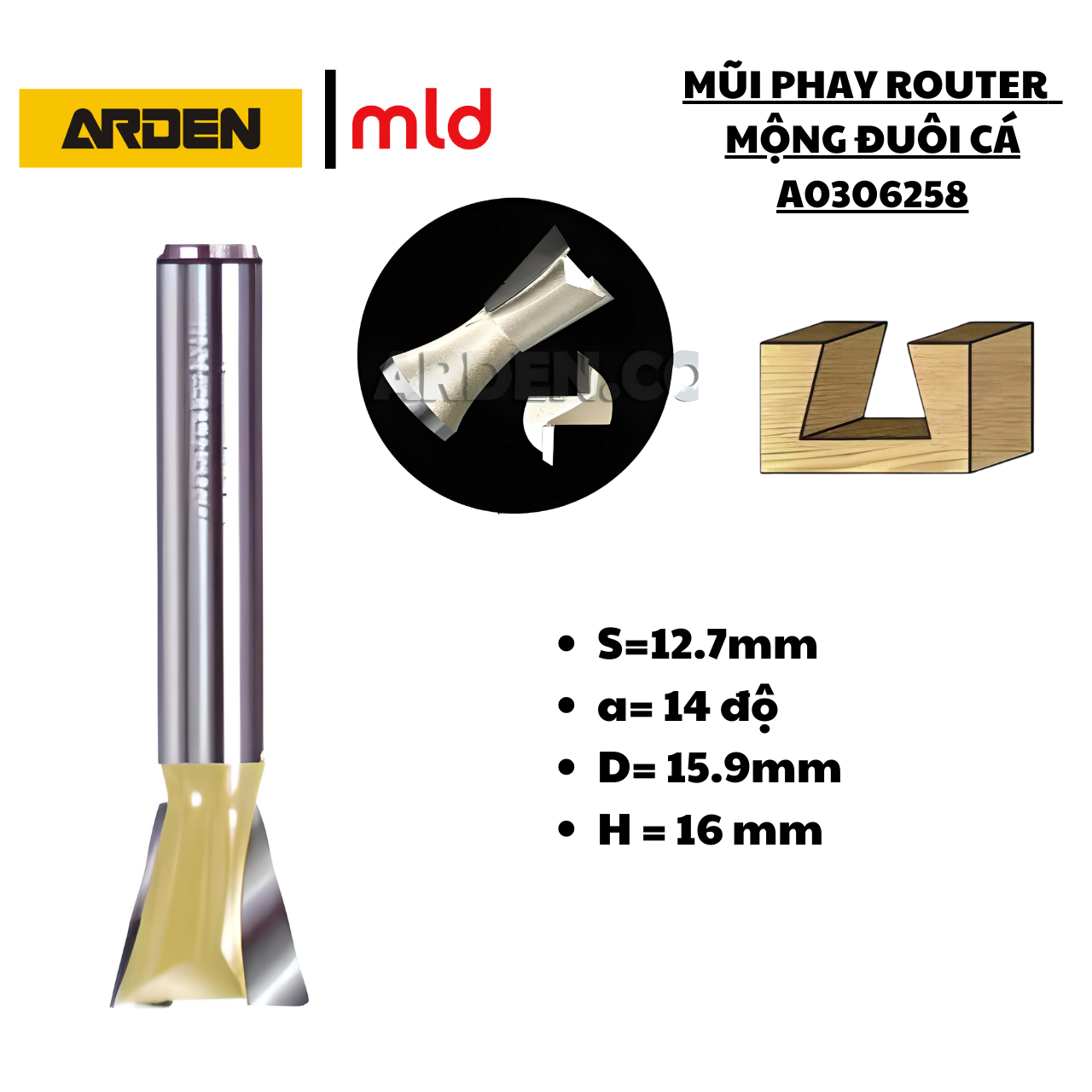 Mũi phay gỗ arden, dovetail, 14 degree , mã: a0306258