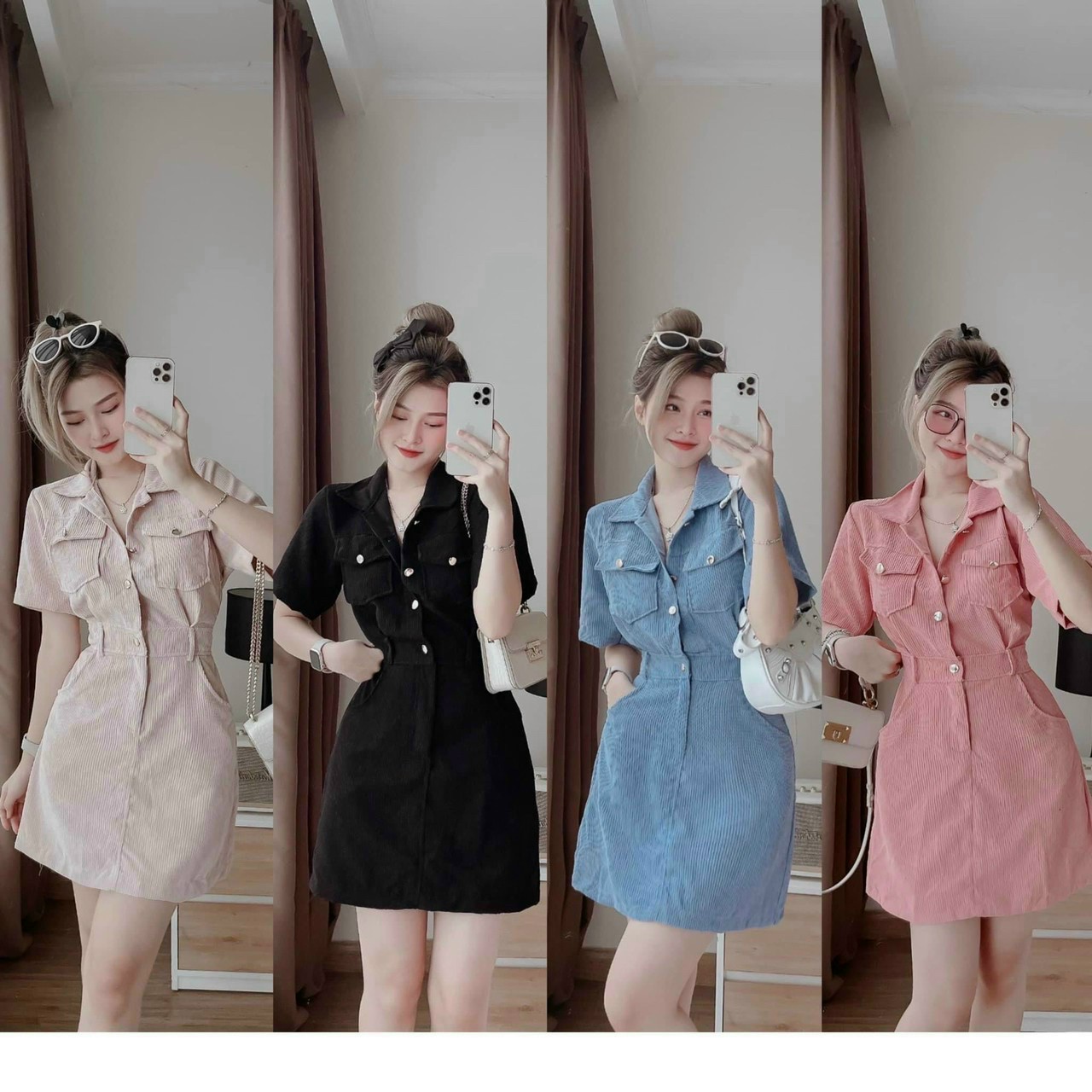 Váy đầm nữ tay ngắn cổ sơmi cài nút xinh xắn dễ thương