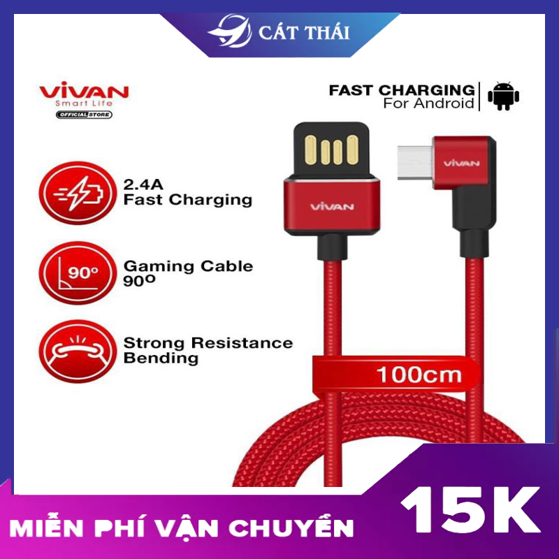 Cáp sạc nhanh Micro/Type-C/Lightning bọc dù Vivan hỗ trợ sạc nhanh 2.4A, truyền dữ liệu tốc độ cao, dây cáp chắc chắn bền bỉ, chống xoắn rối, đầu gập 90 độ chuyên dành cho game thủ - BWM100/BWC100/BWL100