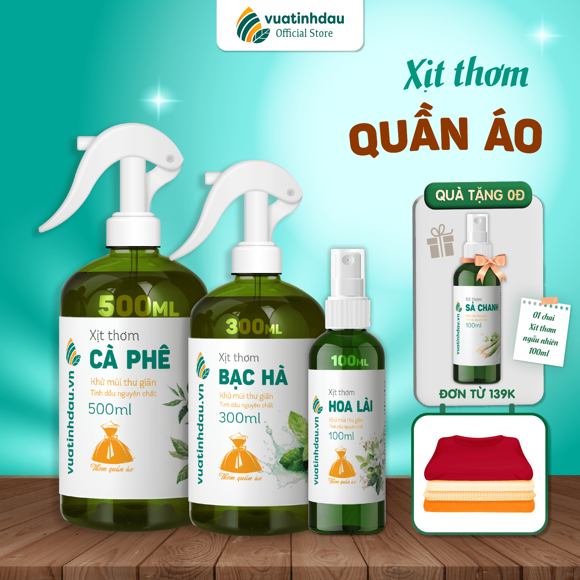 Tinh dầu xịt thơm khử mùi quần áo 100ml/500ml VUATINHDAU bình xịt thơm quần áo trong tủ 2in1 xịt tủ quần áo, xịt vải khô