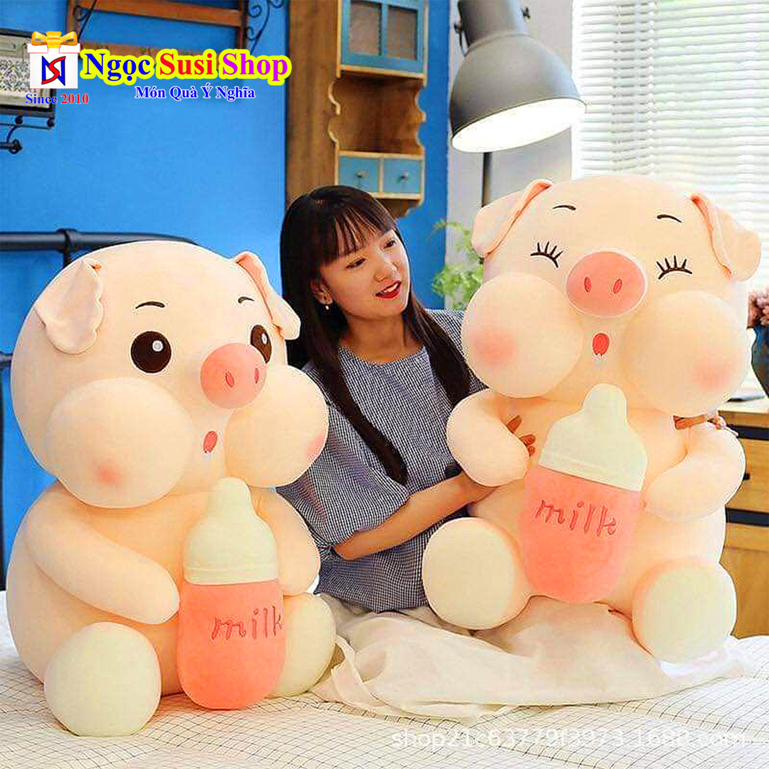 Gối ôm thú bông heo bông ôm bình sữa