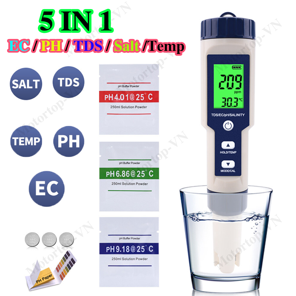 Máy đo độ mặn và độ ph 5 trong 1, đèn nền đo độ ph/tds/ec/độ mặn/nhiệt độ