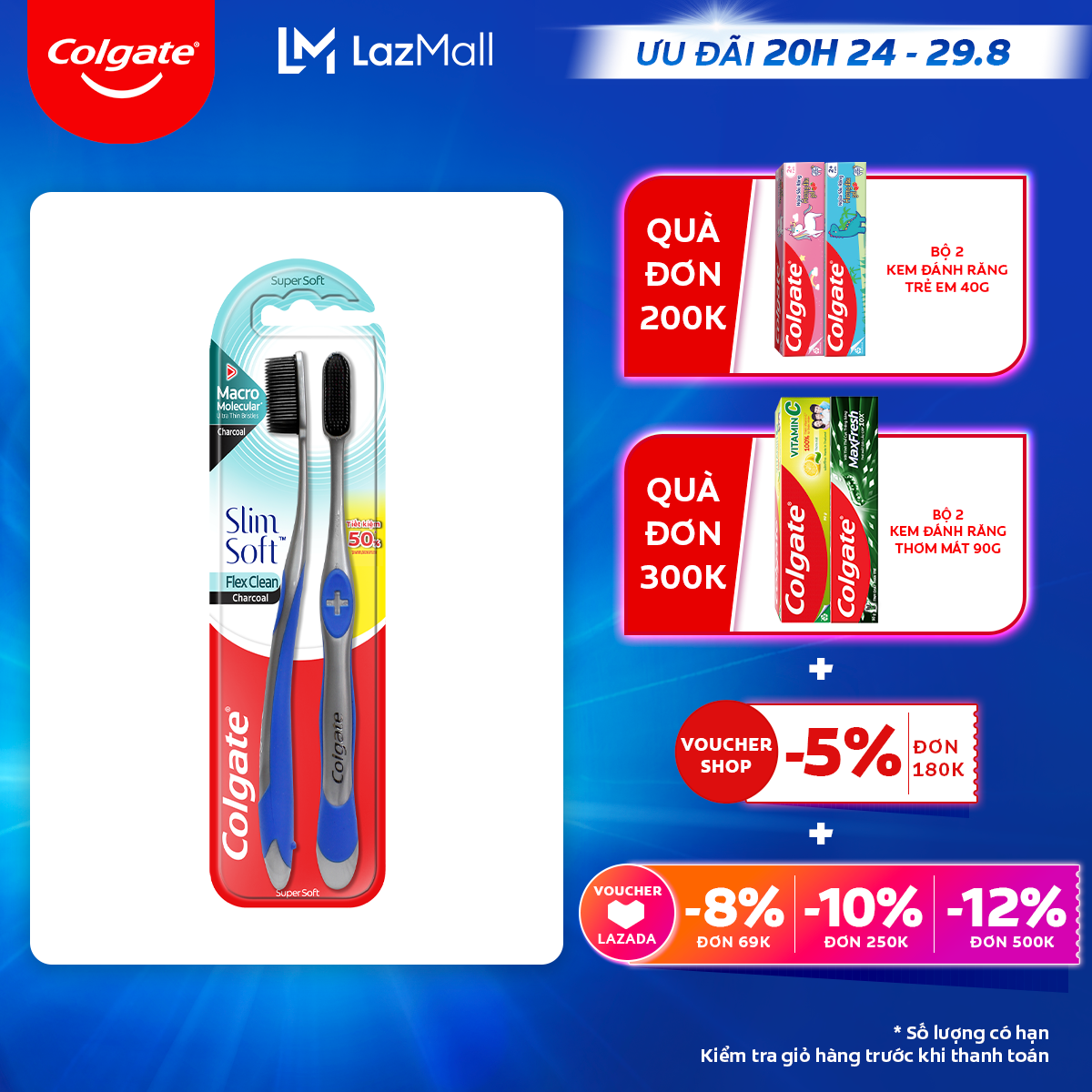 [Ưu đãi 20H 24.8 - 29.8_Áp voucher Colgate 5% + voucher LZD 8%]Bộ 2 Bàn chải Colgate Slimsoft Flex Clean Charcoal nguyên khối than hoạt tính kháng khuẩn