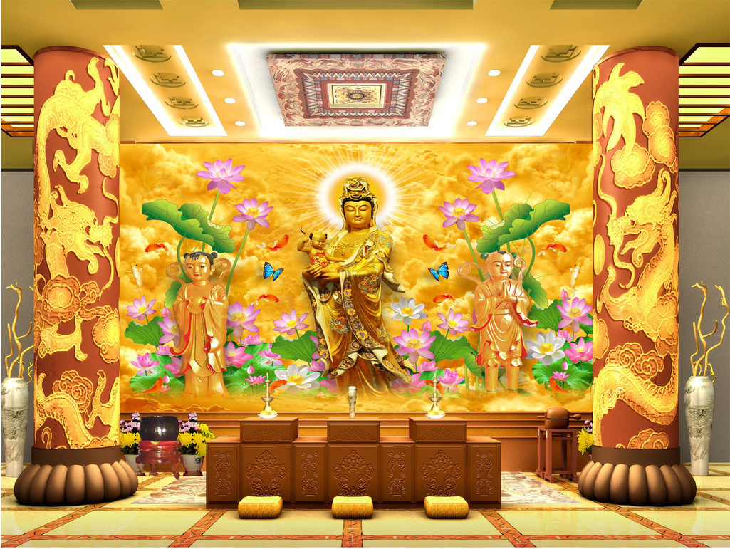 Tranh dán tường 3D Quan Thế Âm Bồ Tát phủ kim sa cao cấp ooopic 14942200