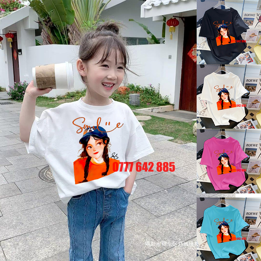 Áo thun bé gái form rộng mùa hè cá tính Cô gái nón xanh Thun cotton 100%