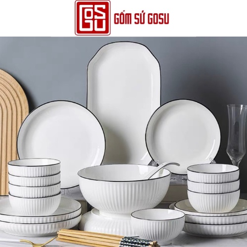 Bộ chén dĩa gốm sứ gosu cao cấp trắng viền đen men sáng mịnn