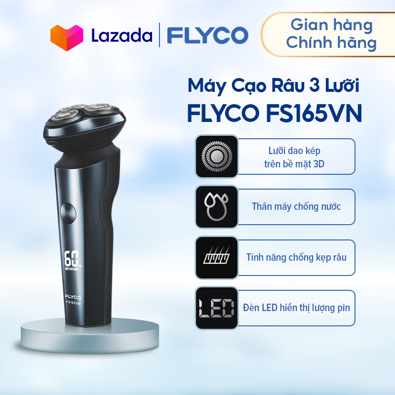 Máy Cạo Râu FLYCO FS165VN 3 Lưỡi Kép - Chống Nước Toàn Thân - Sạc Nhanh 1 Giờ - Hiển Thị Lượng Pin - Thiết Kế Sang Trọng - Bảo Hành 2 Năm