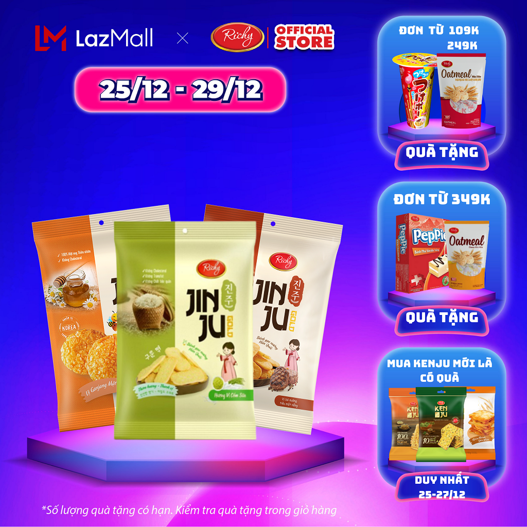 [SALE CUỐI NĂM 25-29/12] [MUA 3 GÓI JINJU TẶNG 1 GÓI TỰ CHỌN] Combo snack giòn rụm - Bánh gạo Jinju Hàn Quốc mật ong, cốm sữa, bò tiêu