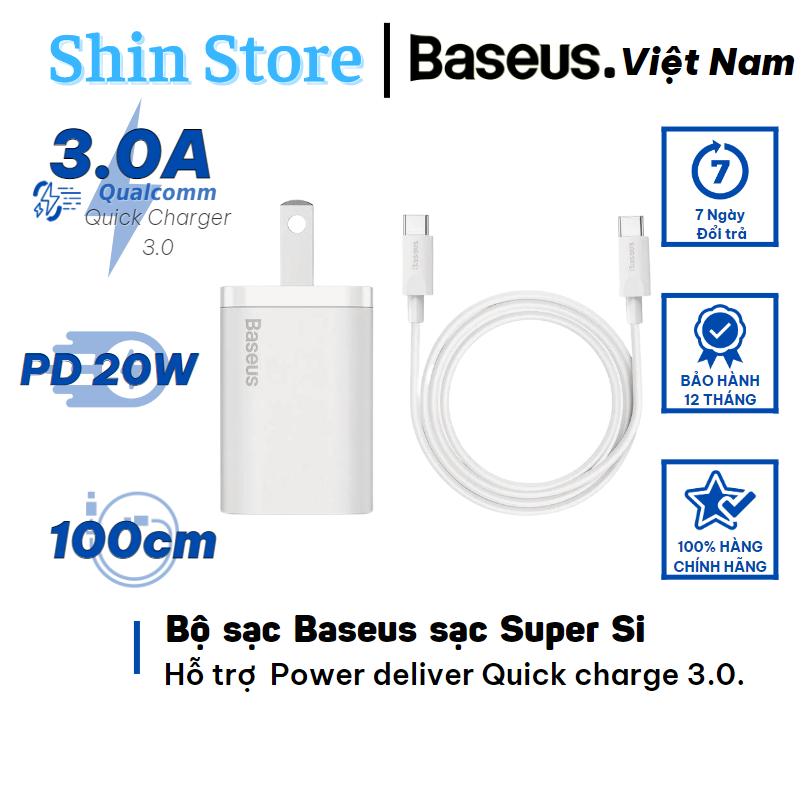 Bộ sạc baseus sạc super si, sạc nhanh 3a/pd 20w/q.c3.0 độ dài cáp sạc 1m - shinstore