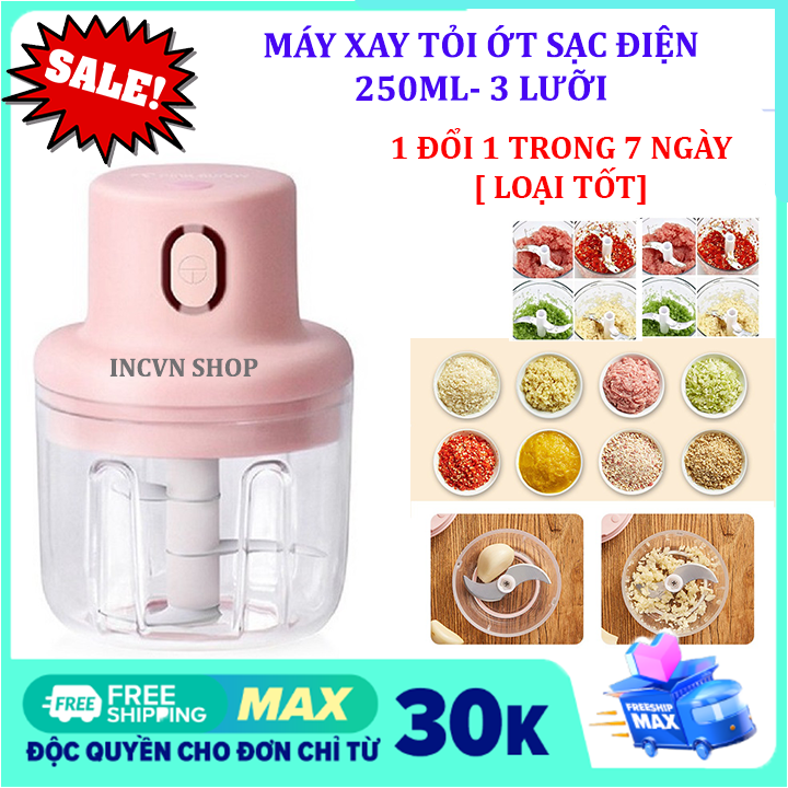[Lấy Mã Giảm Thêm 10k]Máy xay tỏi ớt mini, Máy xay tỏi ớt bằng điện mini sạc pin, may xay mini, máy xay rau củ thịt, dụng cụ xay tỏi ớt cho nhà bếp cao cấp 250ml với 3 lưỡi dao