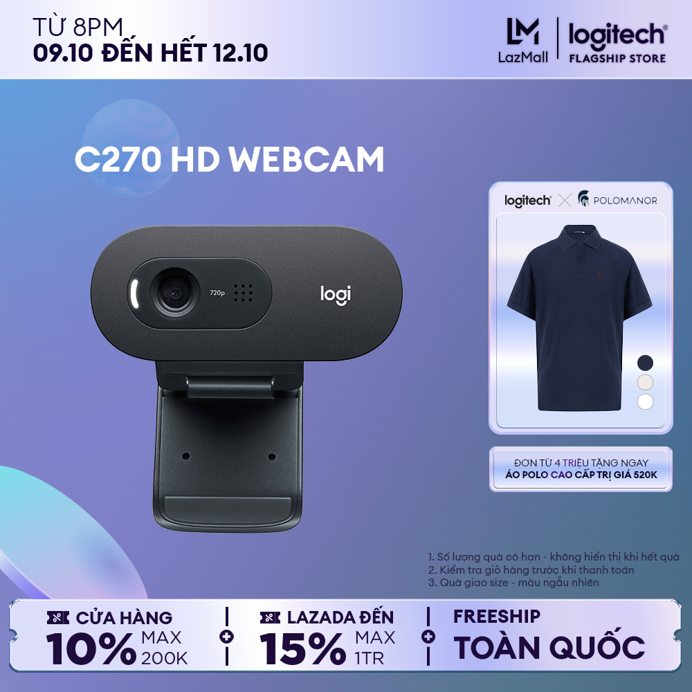 Webcam Logitech C270 720p HD - Góc cam 55 độ, micro giảm ồn, tự động chỉnh sáng cho Video Call, chụp ảnh 3MB, phù hợp PC/ Laptop