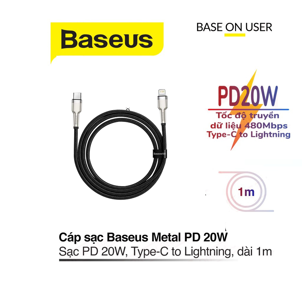 Cáp sạc nhanh pd20w baseus metal data type-c to lightning dây dù siêu bền dài 100cm cho iphone/ipad
