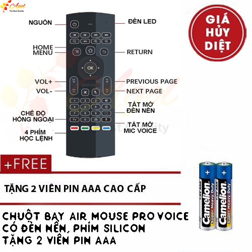 Chuột Bay Air Fly Mouse Voice Pro Mic Cho Android Tv Box Smart Tv Đèn Nền Có Tìm Kiếm Giọng Nói Tặng Cặp Pin Cao Cấp