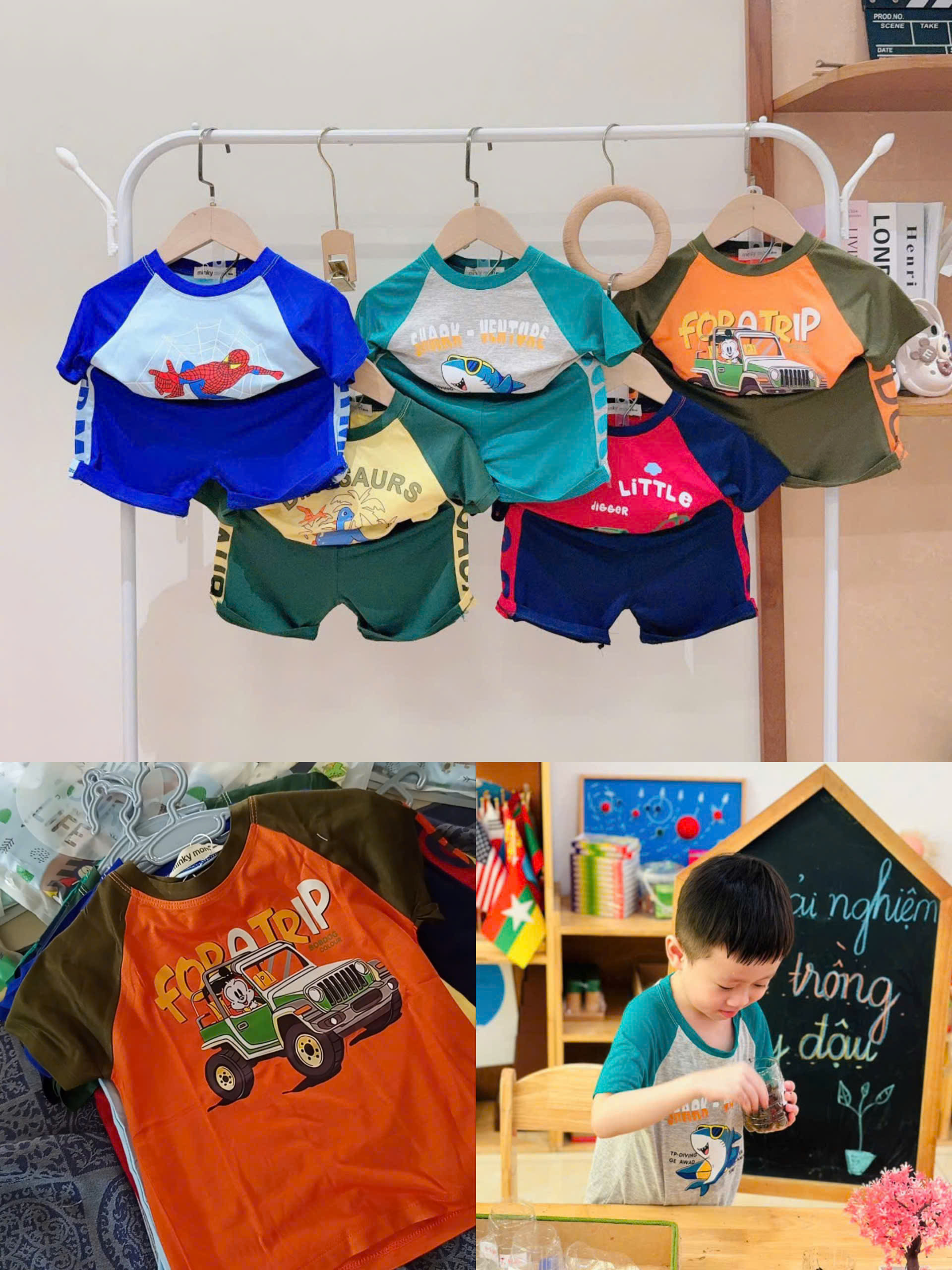 [9-17kg] Minky Mom Short Sleeve T-Shirt Set with Car, Dinosaur, Superhero, Shark Print for Children to Go Out and Go to School