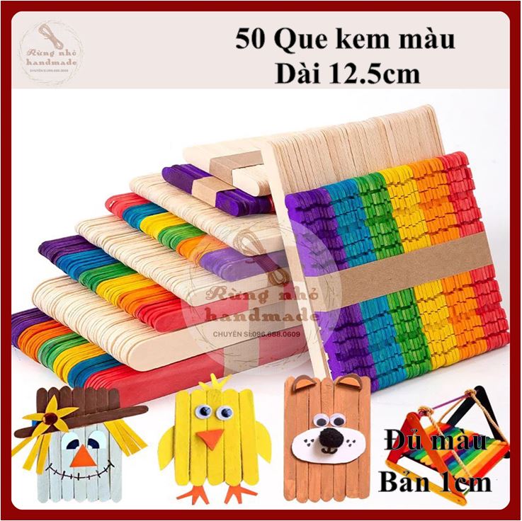 Que kem, que kem gỗ, 50 que kem màu, làm mô hình, handmade, khuấy cafe, que đè lưỡi