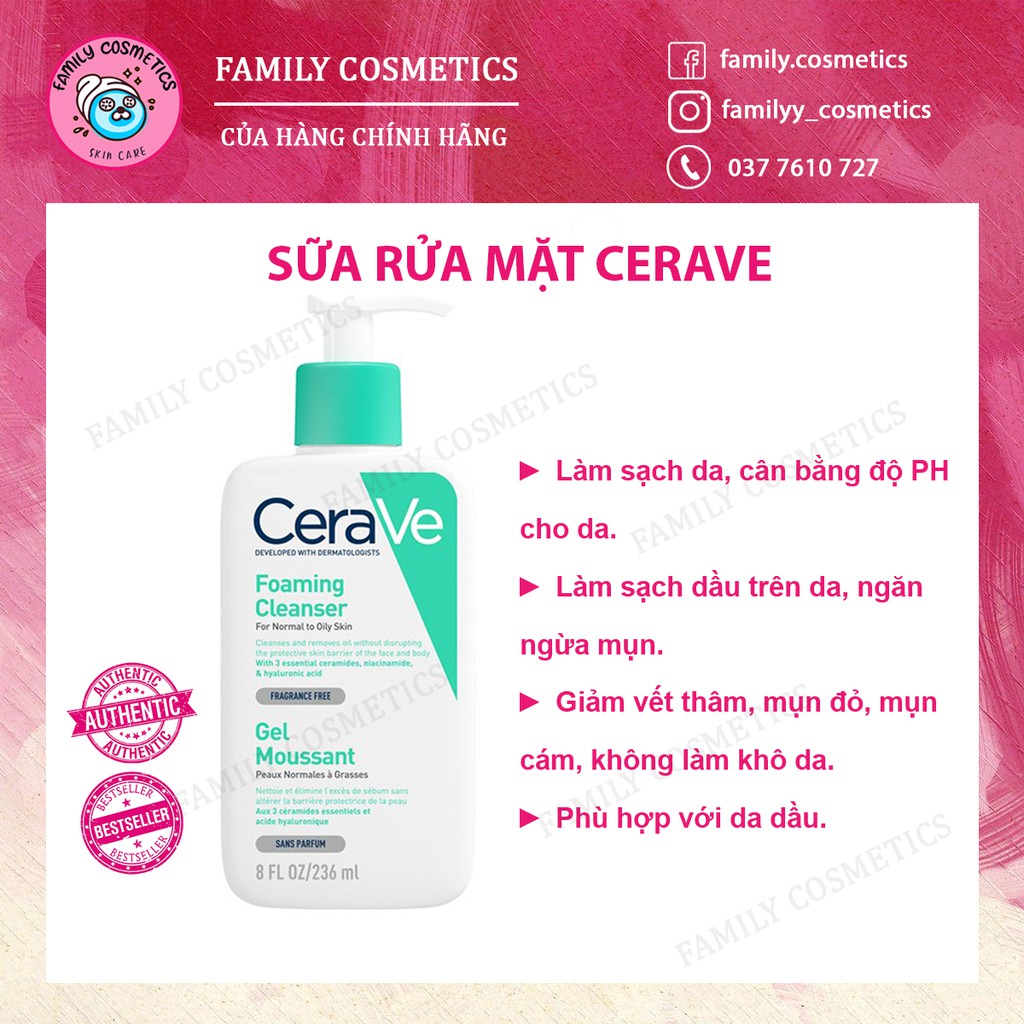 Sữa rửa mặt cerave foaming cleanser dòng mới 473ml/355ml