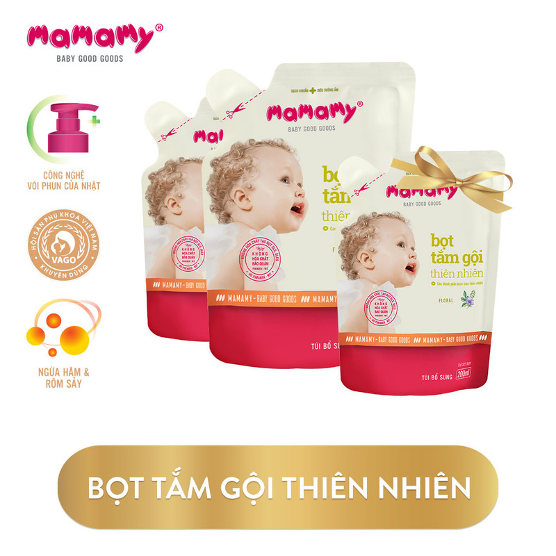 Combo 2 Túi tặng 1 Túi Bổ sung Bọt tắm gội thiên nhiên Mamamy 200ml/túi
