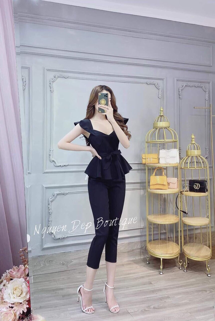 [HCM]Set bộ nữ áo cánh tiên cột nơ eo kèm quần ống đứng
