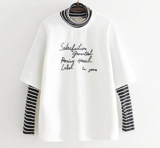 Áo thun nữ tay dài form rộng giả 2 áo cổ lọ sọc ngang thêu chữ Satisfaction Guanranteed LTTA3069 BEAUTYSALES
